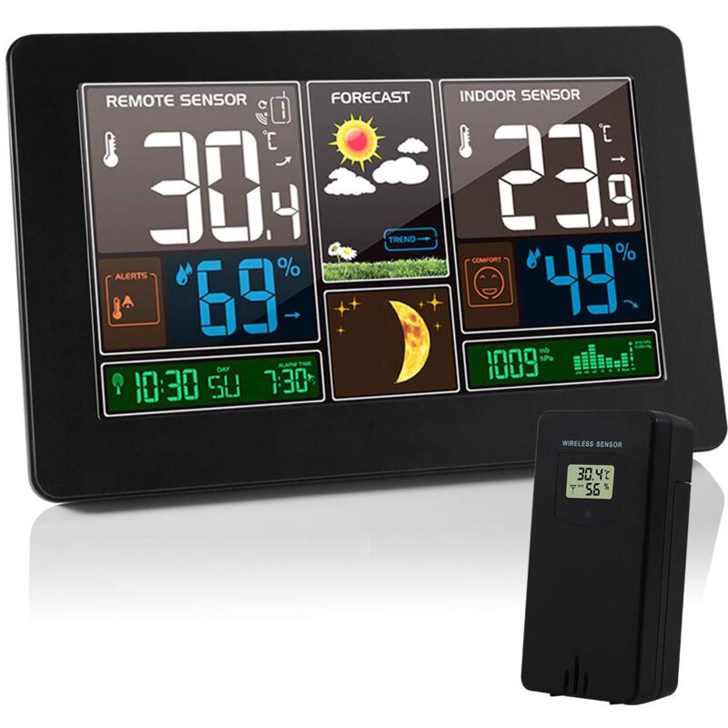Station Météo Thermomètre Hygromètre Baromètre Intérieur Extérieur avec Capteur LED Ecran, Rétro-éclairage Horloge Numérique Affichage Heure Date