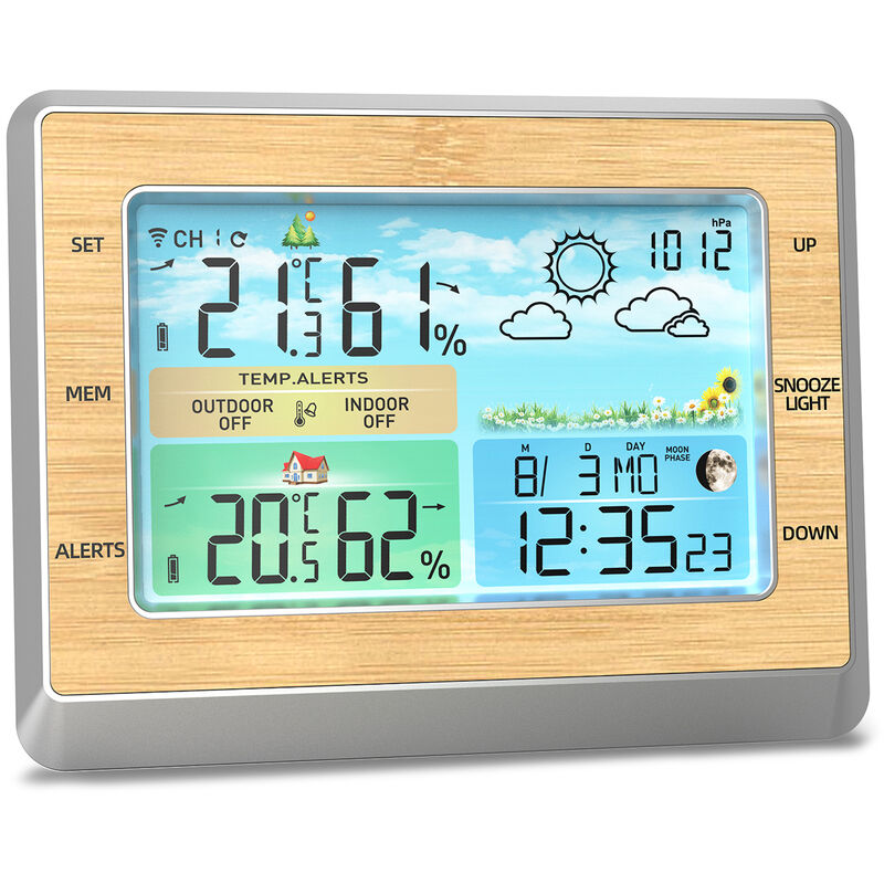 Station météo Thermomètre intérieur extérieur sans fil Écran led couleur 6 pouces Moniteur de température et d'humidité avec pression barométrique