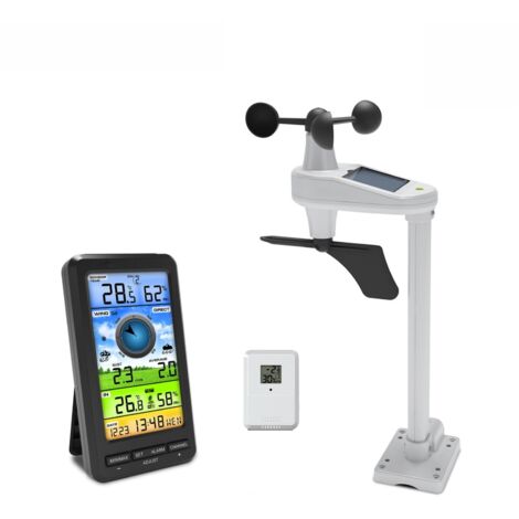 Station Météo WiFi Sans Fil avec Capteur Extérieur Solaire – Station Météo Domestique 5-en-1 avec Vent, Pluie, Température, Humidité et Écran LCD Couleur