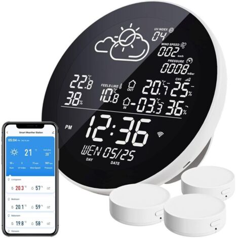Station Météo WiFi, WLAN Thermometre Interieur Exterieur Sans fil avec 3 Capteurs Extérieurs, Avec Écran LCD