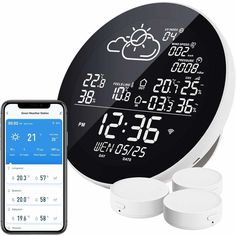 Odipie - Station météo wlan sans fil avec 3 capteurs extérieurs Thermomètre hygromètre Station météo sans fil compatible avec Smart Life app, Google
