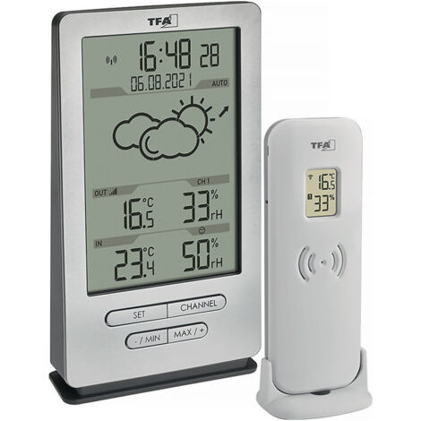 Station météo XENA H145xl82xP47mm argenté plastique pour intérieur/extérieur ave