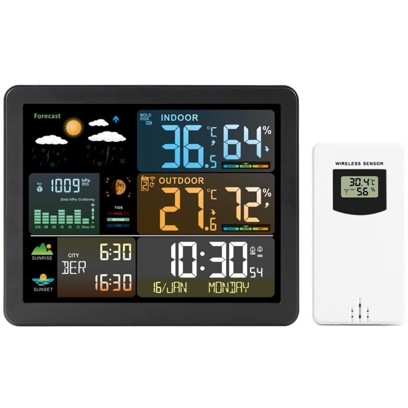 Curconsa - Station météo, Station météo intelligente FJ3566M avec horloge Compteur de température et d'humidité intérieure et extérieure