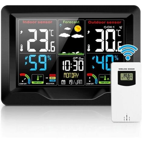 Station météorologique thermomètre intérieur et extérieur sans fil et moniteur d\'humidité avec affichage couleur LCD