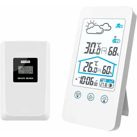 Station météo,Station météo sans Fil, Thermomètre numérique intérieur sans Fil pour intérieur Baromètre d'humidité Horloge de Station météo avec capteur extérieur (Blanc)