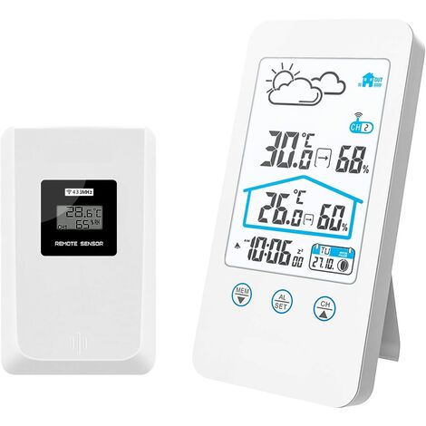 Station météo,Station météo sans Fil, Thermomètre numérique intérieur sans Fil pour intérieur Baromètre d'humidité Horloge de Station météo avec capteur extérieur (Blanc)