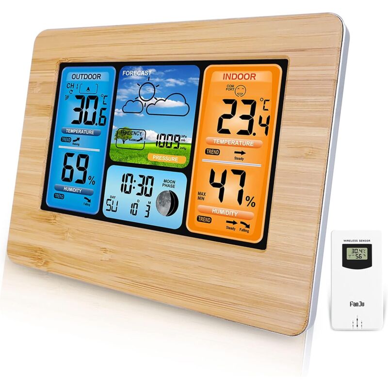 Station météo numérique sans Fil avec capteur extérieur, thermomètre intérieur et extérieur avec Temps, température, humidité, baromètre, réveil