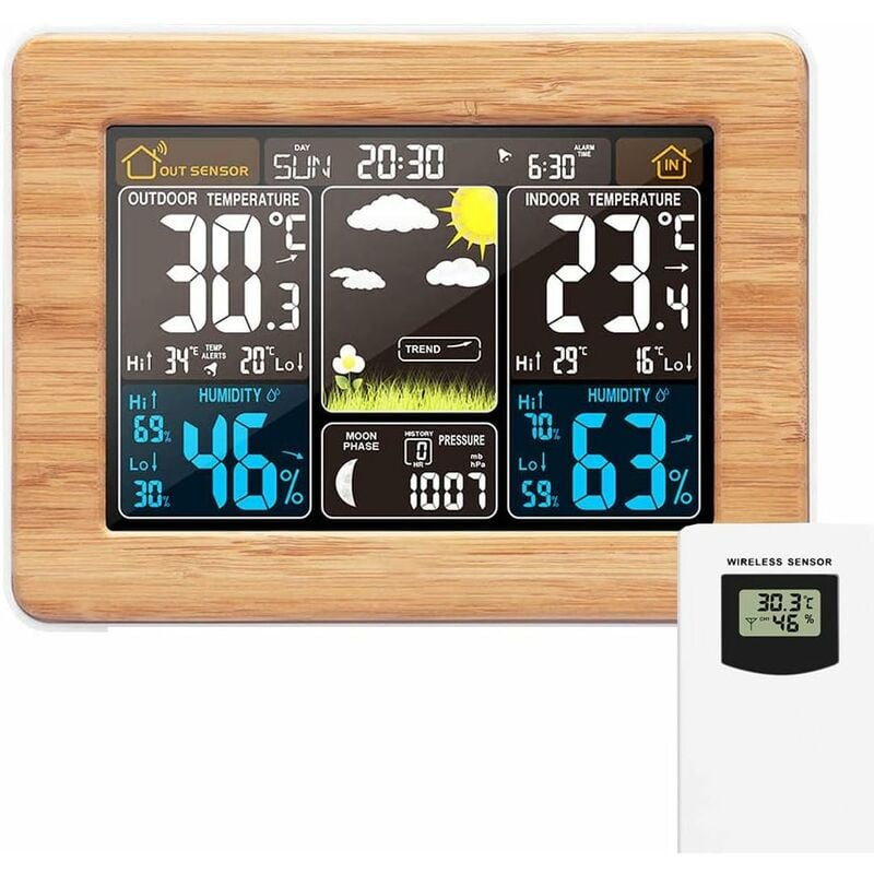 Station météo sans Fil Horloge de météo colorée numérique avec capteur extérieur Thermomètre extérieur intérieur avec Date Température Humidité
