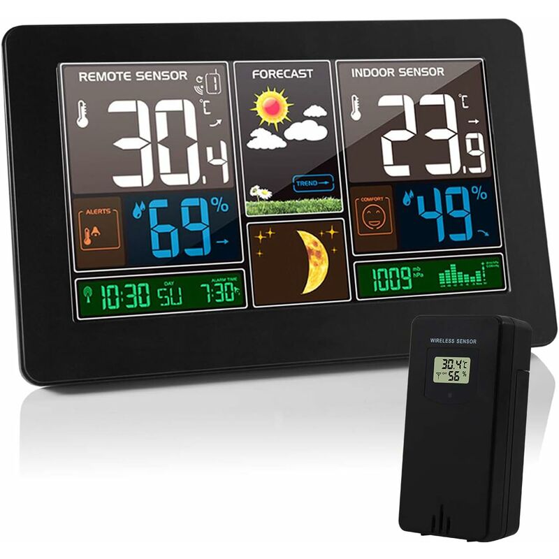 Station Météo Thermomètre Hygromètre Baromètre Intérieur Extérieur avec Capteur led Ecran, Rétro-éclairage Horloge Numérique Affichage Heure Date