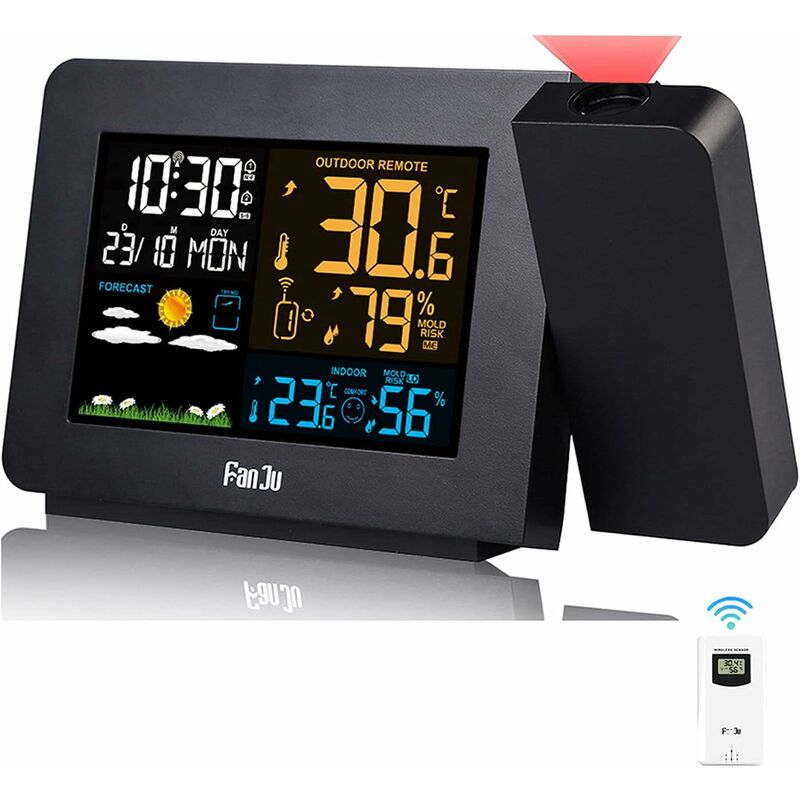 Station Météo Thermomètre Hygromètre sans Fil avec capteur, Horloge météo à Projection, thermomètre intérieur/extérieur avec Contrôle de Radio rcc,