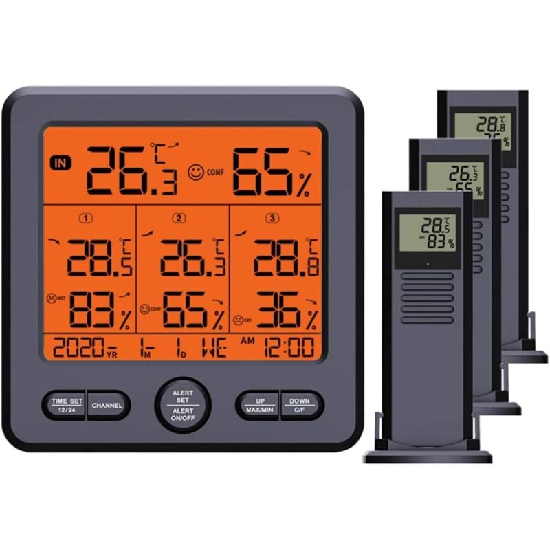 Stations météo avec 3 transducteurs, thermohygromètre numérique sans fil, fonction d'étalonnage du rétroéclairage et de l'alarme, moniteur d'humidité