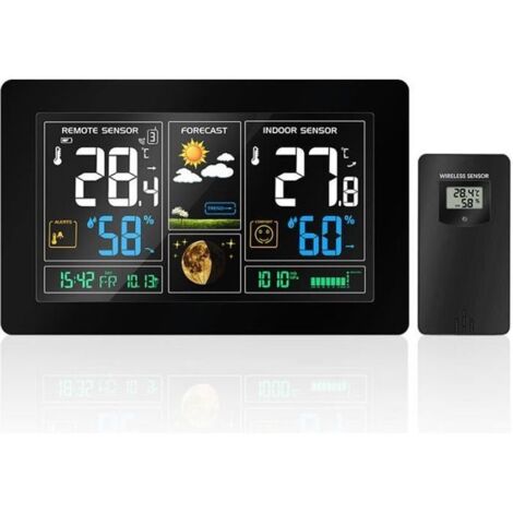 Stations Météo Écran LED Intérieure Extérieure Sans Fils Avec Capteur Baromètre Alarme Horloges Noir