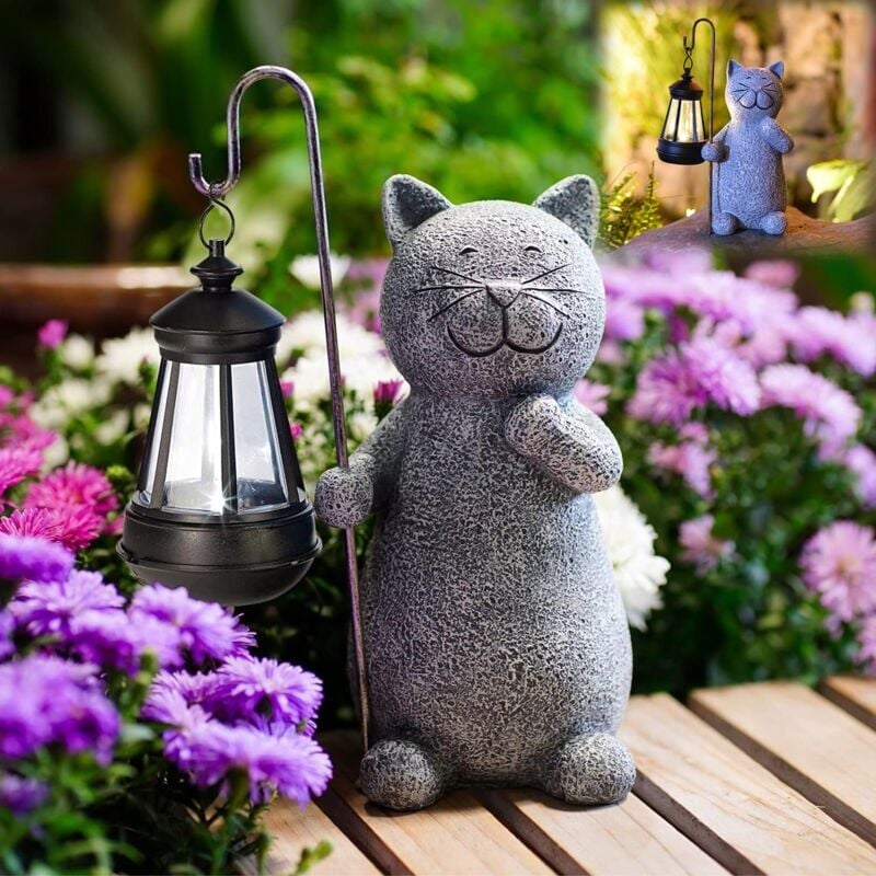 Statue animaux Chat Decoration Statue Jardin Exterieur avec Lampe Solaire - Salon Chaton Décoration Cadeau pour Femme Homme Maman Anniversaire Decor