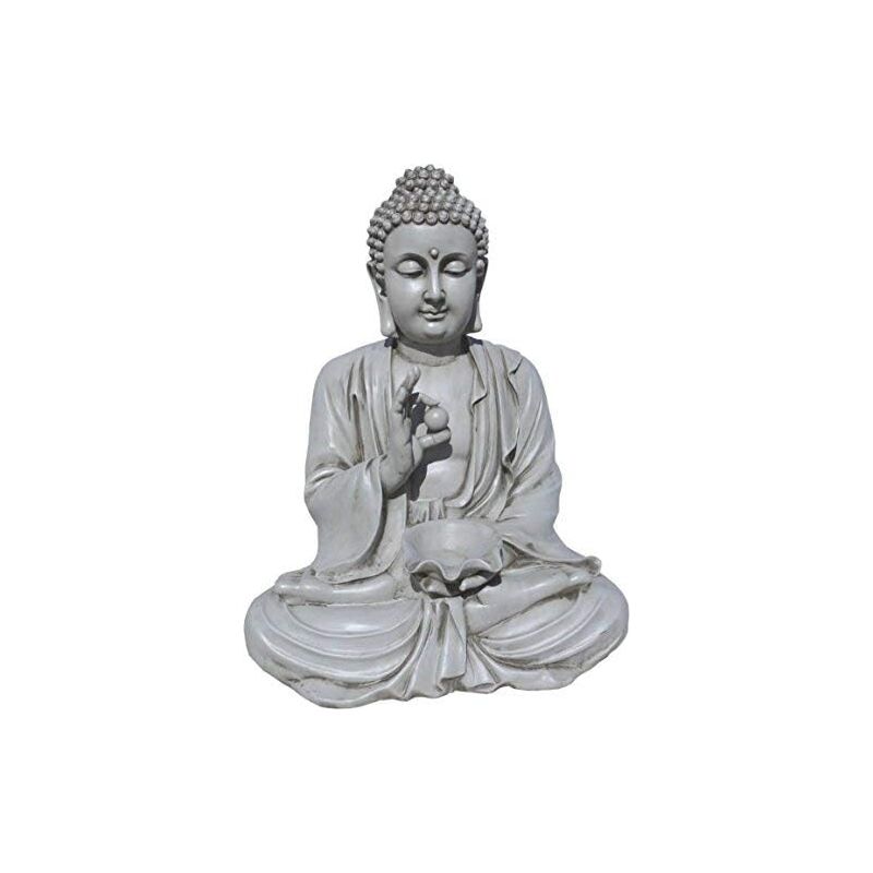Statue Bouddha Prospérité Figurine décorative pour jardin ou extérieur en pierre artificielle 80 cm Couleur naturelle mousse