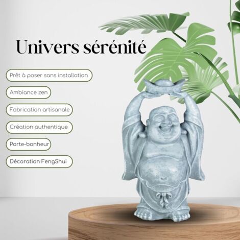 Statue Bouddha Rieur - Statuette Décoration Zen et Feng Shui - Apporte Une Ambiance Apaisée et Relaxante à Votre Intérieur - Statue Porte-Bonheur Couleur Grise - Hauteur: 12cm