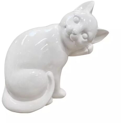 Statue chat blanc laqué assis avec patte sur museau H. 23 cm - CAT