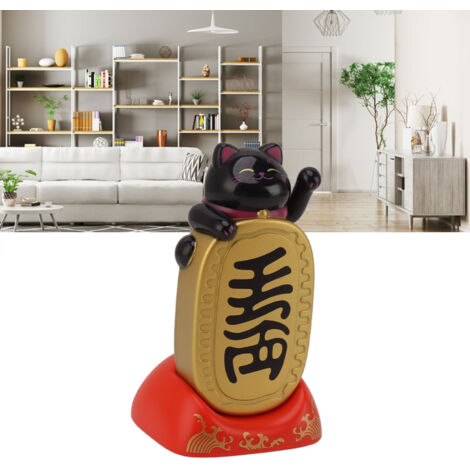 Statue Chat Fortune Solaire, Modèle Ten Million Taels Noir, Oscillante de Bras, Pour Bureau et Maison, 70g, Plastic.