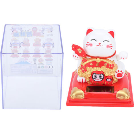 Statue Chat Fortune Solar SCN89W - Figurine Chat Maneki Neko Automatique Solaire avec Bras Oscillant, Rouge, Plastique, 8.1x8.1x9.8cm