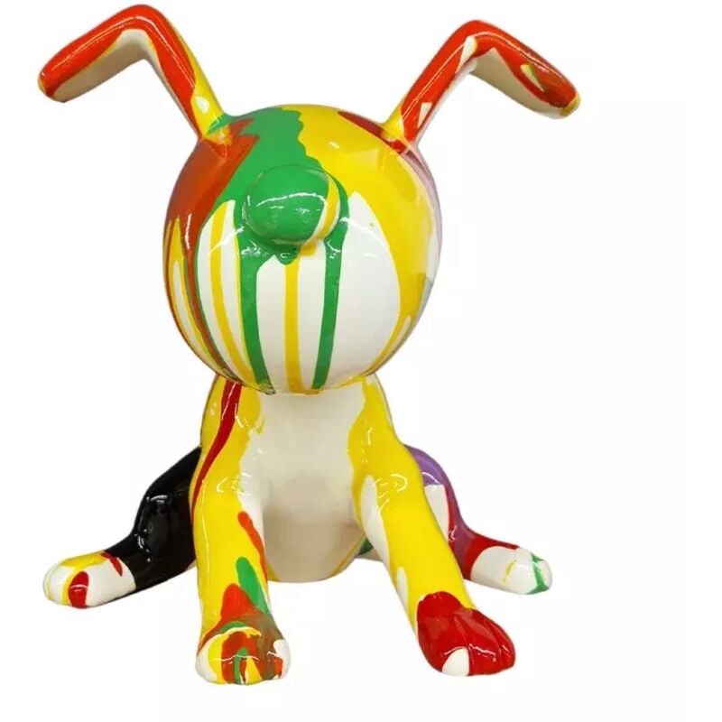 Meubletmoi - Statue chien assis avec coulures jaune et rouge H28 cm - snoop drips