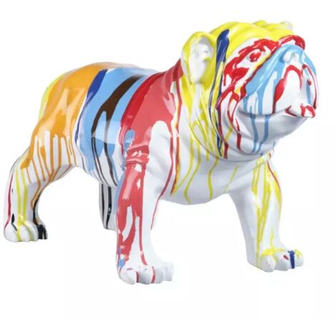 Statue chien bulldog 38 cm en polyrésine – Peinture multicolore – Objet déco tendance pour intérieur – Longueur 61 cm, profondeur 32 cm – Meubletmoi