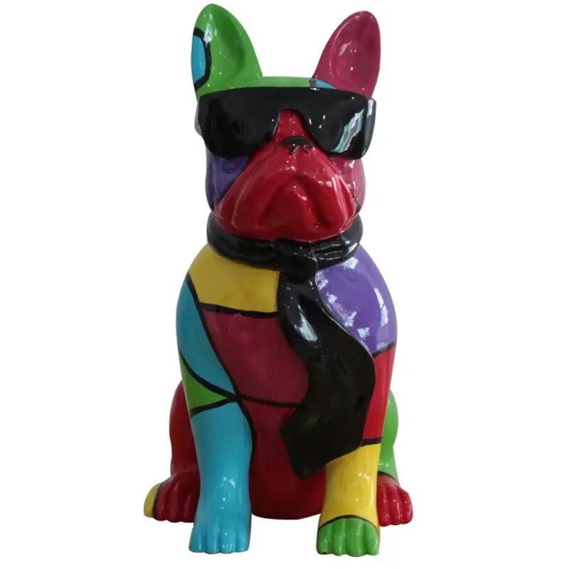 Meubletmoi - Statue chien bulldog assis noir et multicolore H37 cm - karl 01