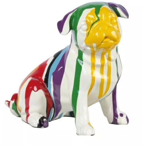 Statue chien carlin assis avec coulure multicolore H18 cm -