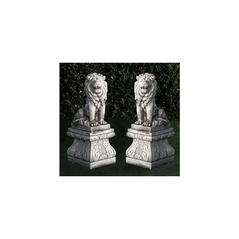 Statue classique en pierre reconstituée Paire de lions 50x28x66cm. Peana 41x47cm.