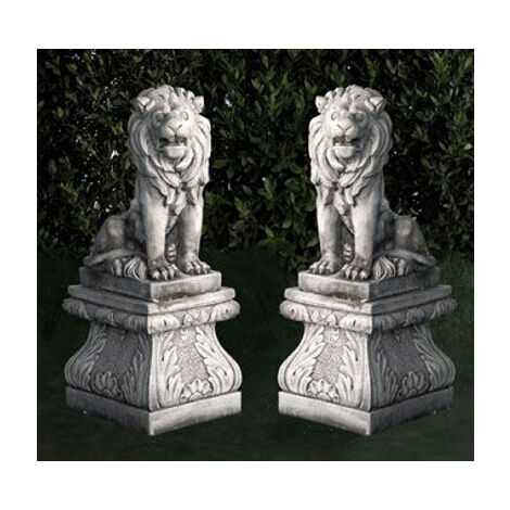 Statue classique en pierre reconstituée Paire de lions 50x28x66cm. Peana 41x47cm.