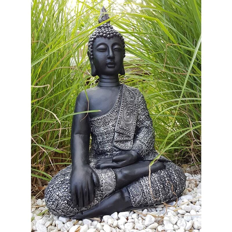 Statue de Bouddha Feng Shui Figure de Bouddha Décoration Grand Boudda Pierre Artificielle 45cm Argent-Noir
