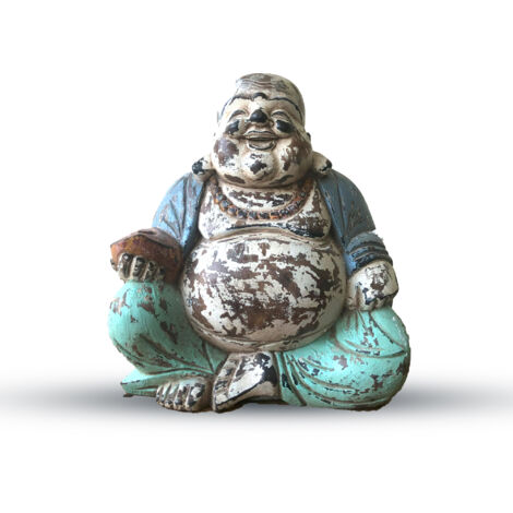 Statue de Bouddha sculptée à la main à la menthe bleue vintage - 30 cm - Happy Buddha- Vendu par 1