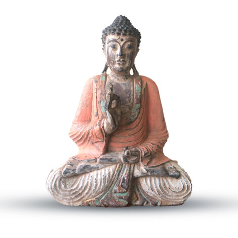 Statue de Bouddha sculptée à la main orange vintage - 40 cm - Transmission pédagogique- Vendu par 1