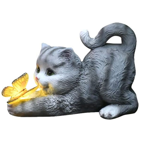 Statue de Chat à énergie Solaire,Papillons Lampes solaires pour extérieur,Figurine de d'animal décorative pour Jardin,Sculpture en résine étanche,Éclairage LED,pour Pelouse,Terrasse