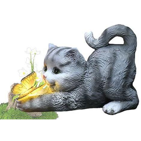 Statue de Chat à énergie Solaire,Papillons Lampes solaires pour extérieur,Figurine de d'animal décorative pour Jardin,Sculpture en résine étanche,Éclairage LED,pour Pelouse,Terrasse (Style 1)