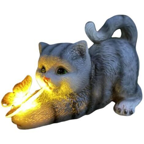 Statue de chat décorative pour jardin, guirlande lumineuse solaire papillons pour extérieur, décoration de balcon et jardin, adorable composition d'ornements en résine