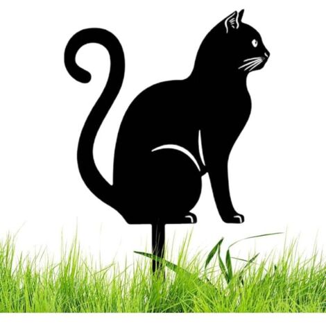 Statue De Chat En Métal Mignon 26cm Piquet De Jardin Noir Ornement Extérieur Pour Pelouse