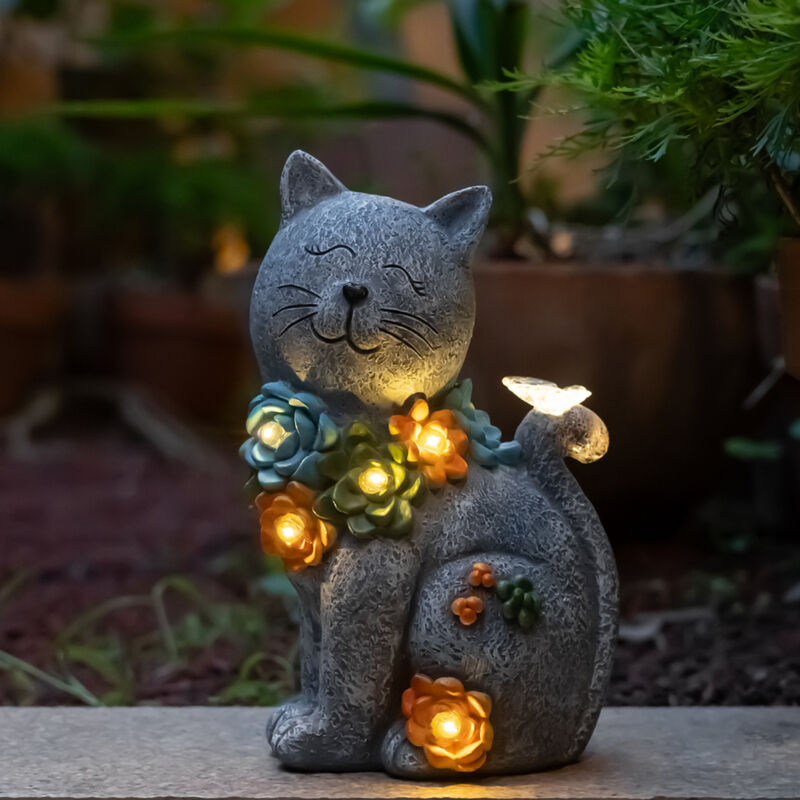 Statue de chat en résine à énergie solaire, décoration d'extérieur, avec plantes succulentes et 6 lumières LED pour patio, cour et pelouse
