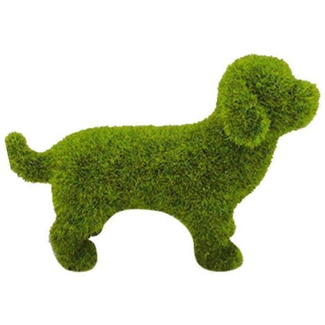 Statue de chiot en peluche verte extérieur cour jardin, chien mousse artificielle gazon, figurine animale décorative mignonne, sculpture pelucheuse pour extérieur.