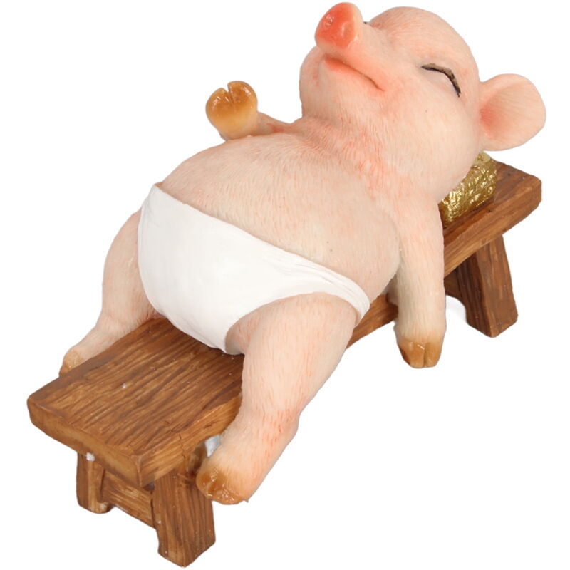 Statue de cochon mignonne et rustique réaliste allongée sur un banc en résine durable pour jardin, terrasse, arrière-cour