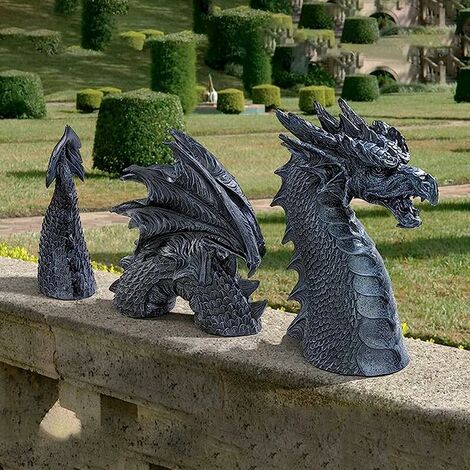 Statue de Dragon de Jardin. Dragon Jardin Statue Fausse Pierre résine Sculpture pour la décoration extérieure à la Maison Ornements de Jardin Animal extérieur (Noir)