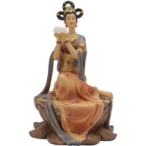 Statue de Femme Ancienne Style Chinois en Résine, Décor Élégant pour Maison Bureau Hôtel avec Lotus