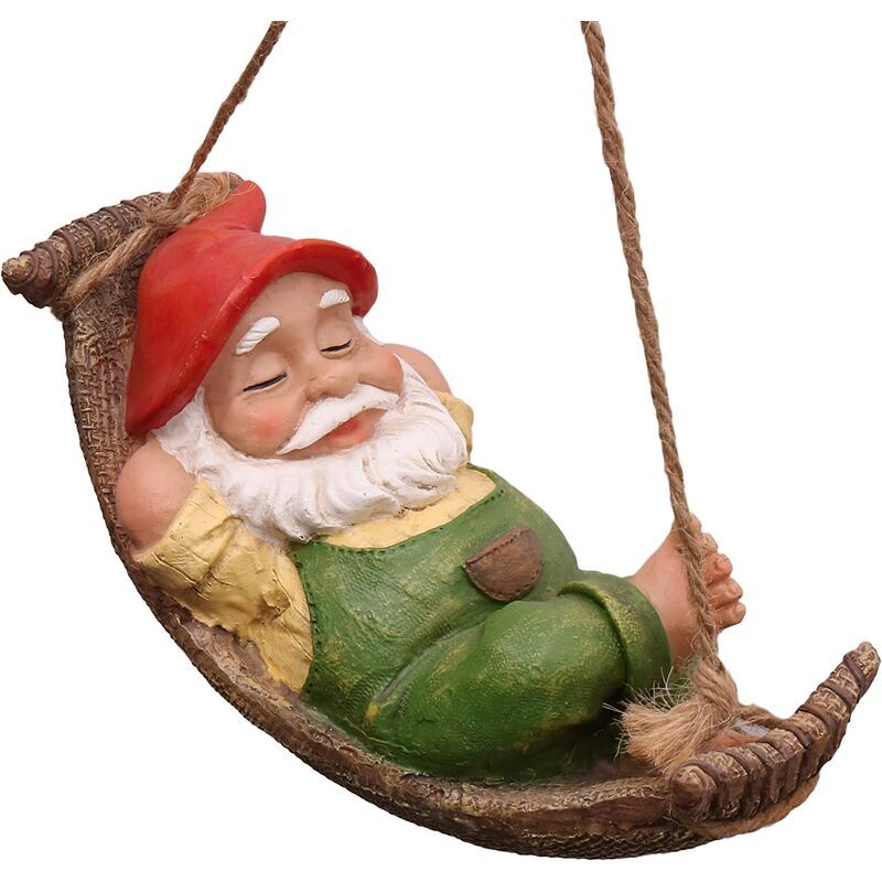 Statue de jardin d'extérieur, nain couché avec statue de hamac, décoration de jardin de gnome suspendu, décoration de pelouse de jardin en résine