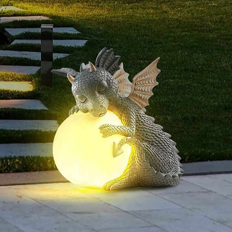 Fortuneville - Statue de jardin dragon méditant lumières, décoration de jardin bébé dragon endormi, décoration de jardin dragon, lampe solaire fée