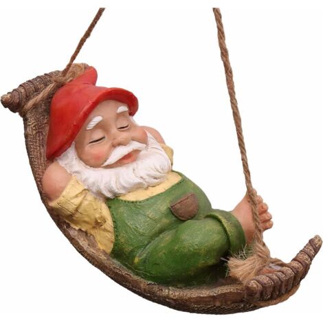 Statue de Jardin Extérieur, Nain Couché avec Un Hamac Statue, Ornement de Jardin Accrochant de Résine Imperméable pour la Décoration de Pelouse de Jardin Extérieur，  （Vert）