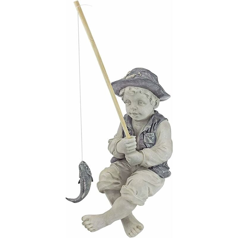 Statue de jardin Gone Fishing Boy The Little Fisher Boy Décoration de jardin en plein air Figurine de pêcheur sculpture, finition en pierre LO-Ron