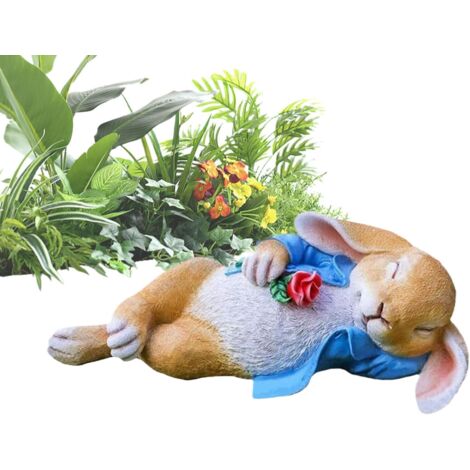 Statue de Jardin Lapin - Sculpture en Résine De Lapin Couché Tenant Une -