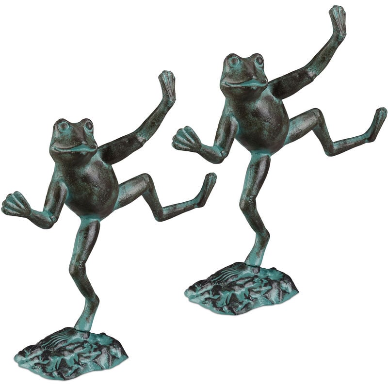 Relaxdays - Statue de jardin, lot de 2, grenouille dansante, fonte fer, sculpture, figurine de jardin, taille l, décoration, vert