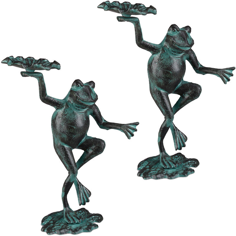 Relaxdays - Statue de jardin, lot de 2, grenouille dansante, fonte fer, sculpture, figurine de jardin, taille m, décoration, vert