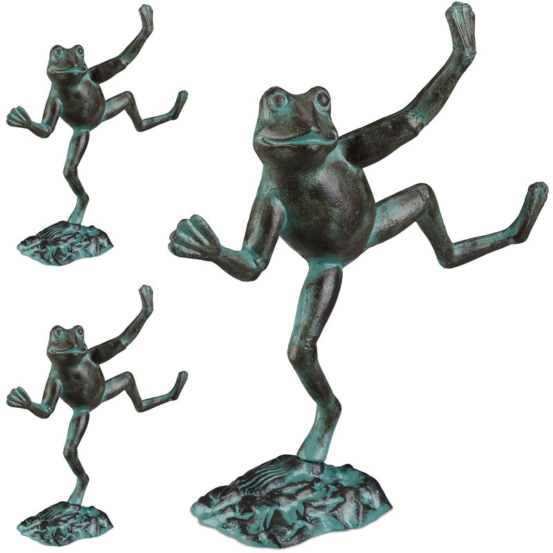 Relaxdays - Statue de jardin, lot de 3, grenouille dansante, fonte fer, sculpture, figurine de jardin, taille l, décoration, vert