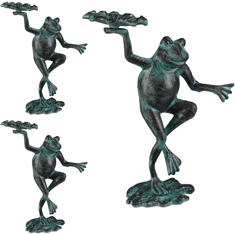 Relaxdays - Statue de jardin, lot de 3, grenouille dansante, fonte fer, sculpture, figurine de jardin, taille m, décoration, vert