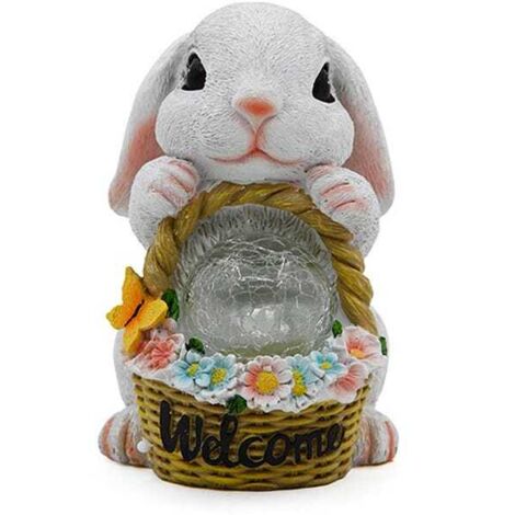 Statue de jardin solaire, lampe décorative de jardin en forme de lapin solaire, décoration de pelouse avec panier de fleurs et boule magique, lapin blanc
